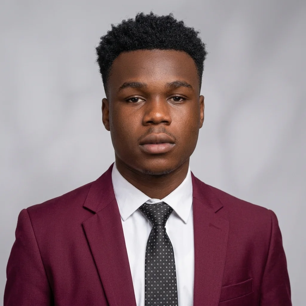 Ejeh Daniel wearing a burgundy suit outdoors
