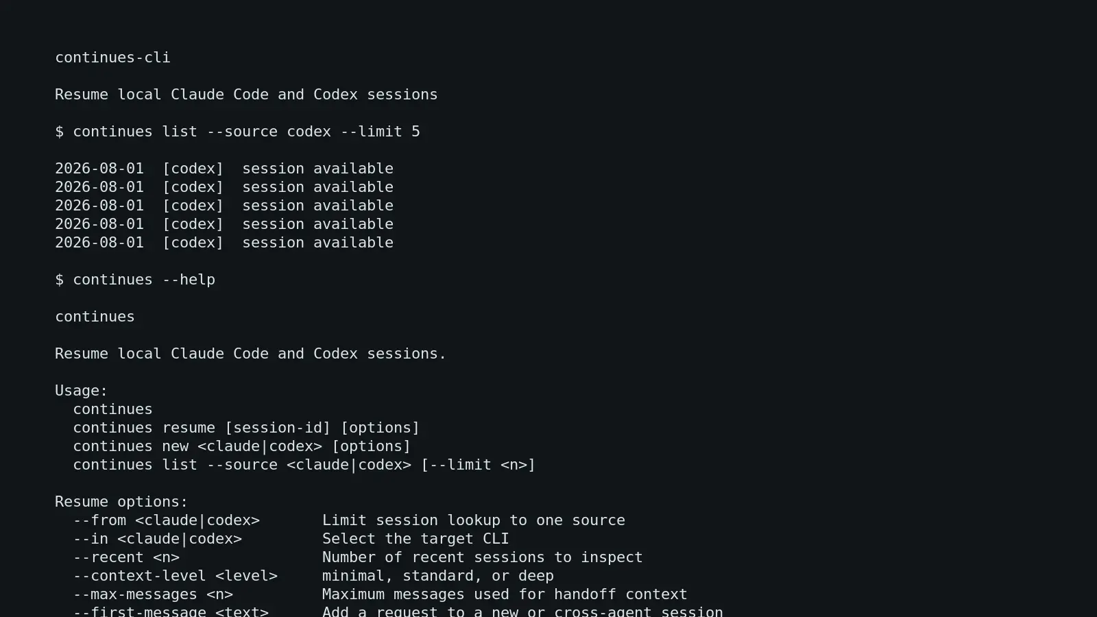 continues-cli terminal output showing local agent session discovery and command usage