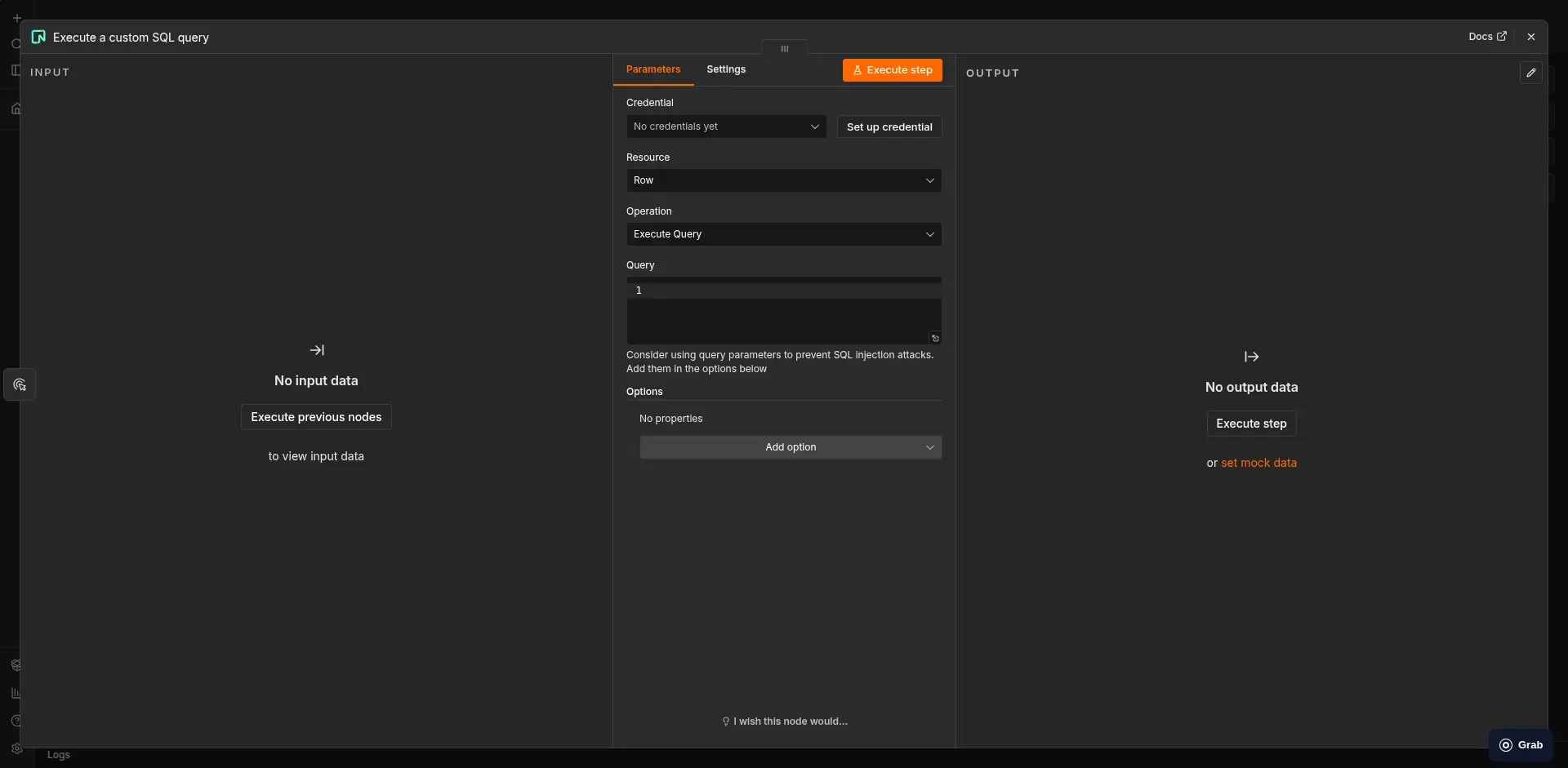 n8n Neon node editor showing SQL query controls with input and output panes