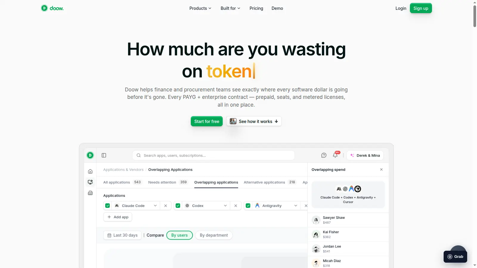 Doow's light homepage with the Peruz Grab control visible over the page and its embedded product dashboard