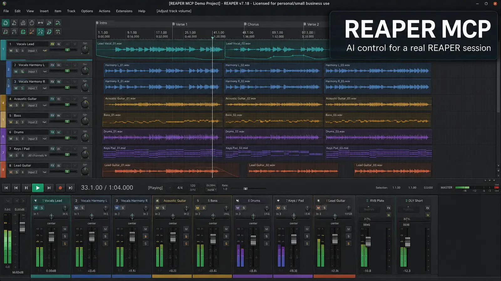 A REAPER 7 production session with vocal and instrument tracks, waveforms, automation, and the mixer behind the REAPER MCP title