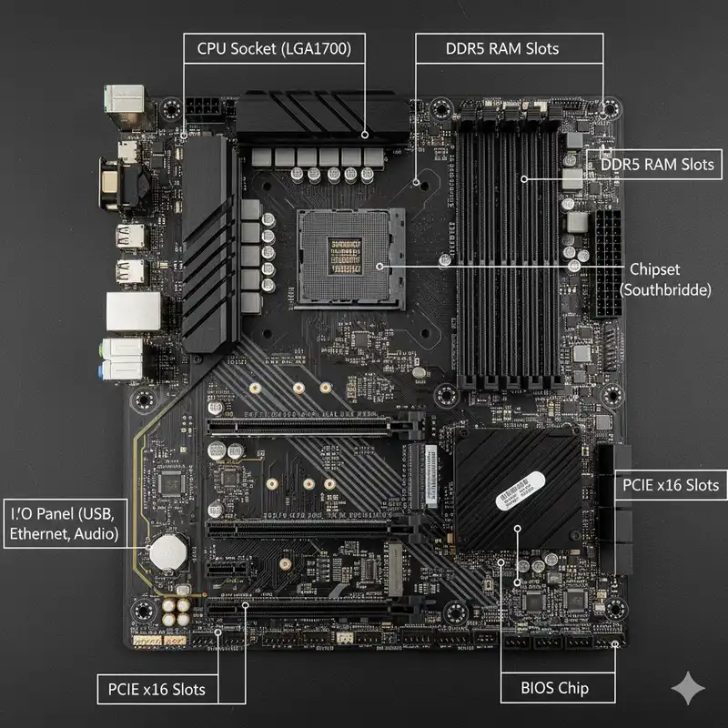 Labeled diagram of a computer motherboard showing key components including CPU socket, RAM slots, chipset, PCIe slots, SATA ports, and I/O ports