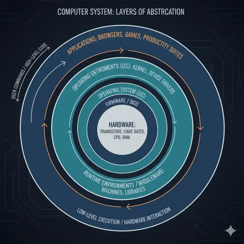 Concentric circles diagram showing computer abstraction layers from innermost to outermost: Hardware, Firmware, Operating System, Programming Languages, and Applications
