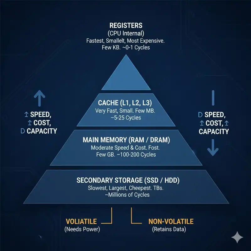 Pyramid diagram illustrating computer memory hierarchy from top to bottom: Registers (fastest, smallest), Cache L1/L2/L3, RAM (middle ground), and Storage/Hard Drives (slowest, largest)